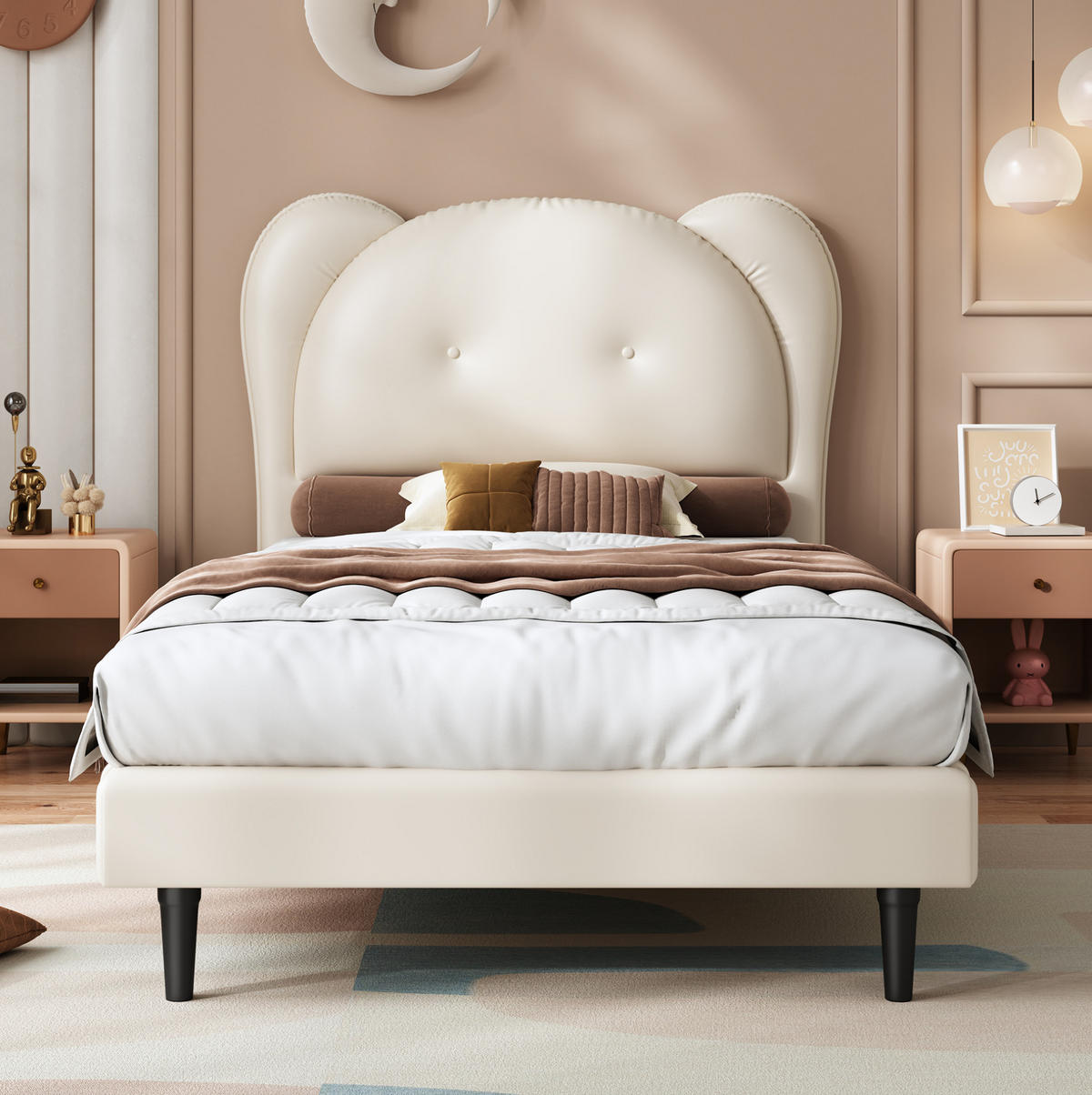 POLSTERBETT 90/200 cm Beige mit niedlichem Kopfteil in Tierform aus PU - Beige, Kunststoff (90/200cm) - OKWISH