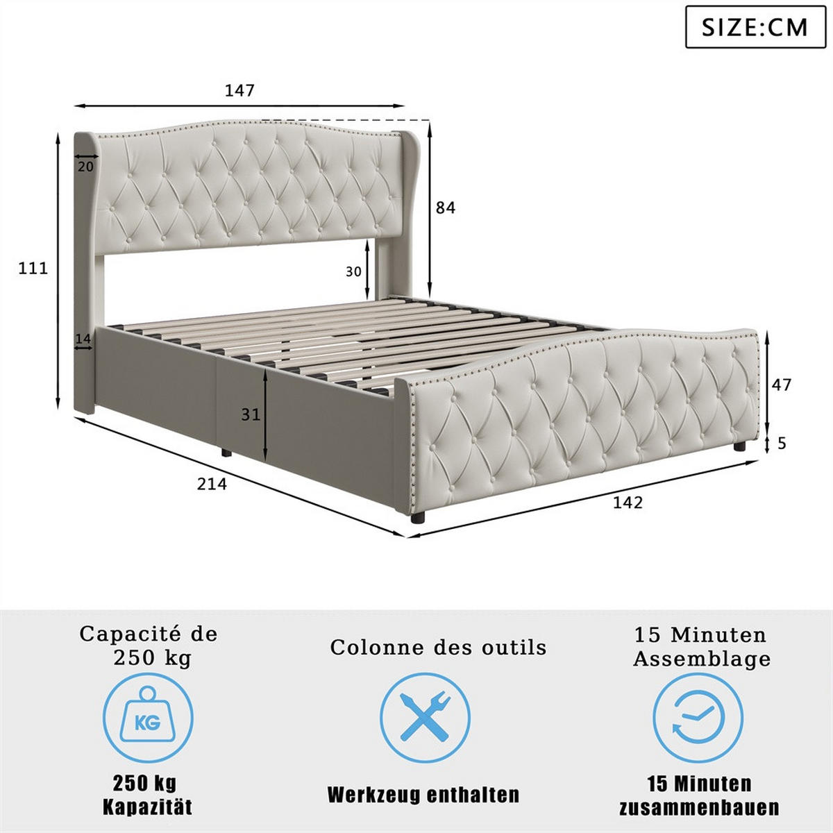 POLSTERBETT 140x200 cm mit hydraulischem Stauraum - Kopfteil und Fußteil im Wellendesign mit Nieten-Dekor - Cremeweiß - Creme, Textil (140/200cm) - DELFA