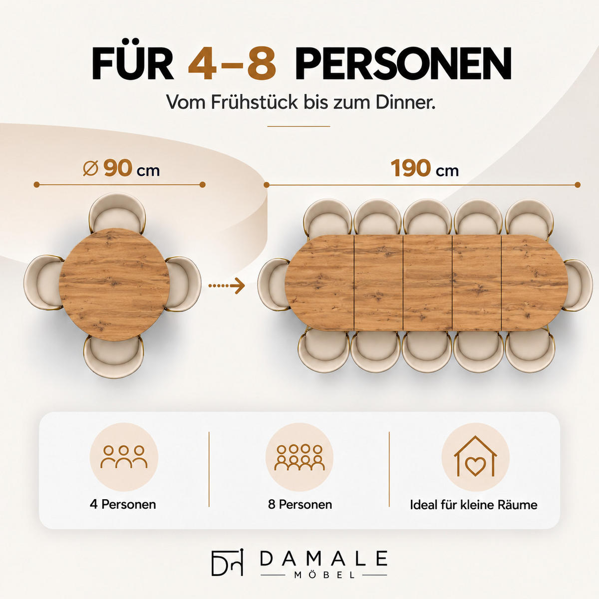 ESSTISCH rund ausziehbar 90/190/76 cm, Eiche Craft, 54 cm Tischplatte + Industrial Metallgestell Schwarz - Eichefarben/Schwarz, Holzwerkstoff/Metall (90/190/76cm) - Damale Möbel