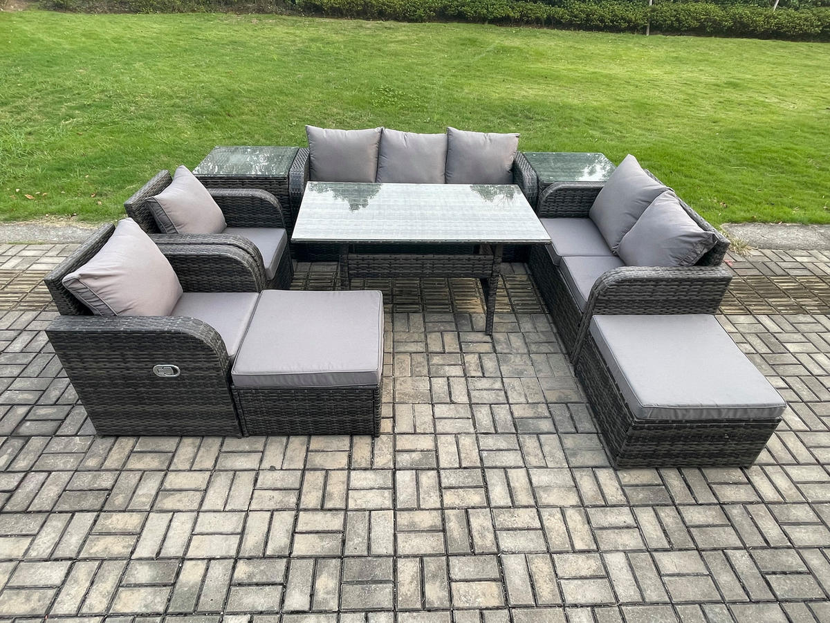Gartenmöbelset mit 3-Sitzer Sofa,Esstisch,2 Hockern,Beistelltischen Polyrattan Dunkelgrau 9-Sitzer - Dunkelgrau/Grau, Glas/Kunststoff - Fimous