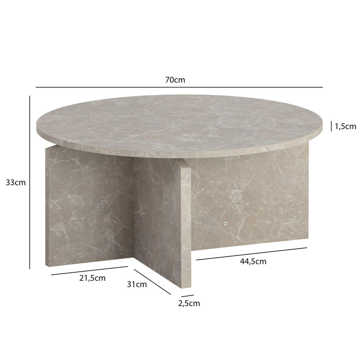 COUCHTISCH rund in Stein-Optik – modernes Design in Großformat, Beige 70x70x33 cm - Beige, Holzwerkstoff (70/70/33cm) - KADIMA DESIGN