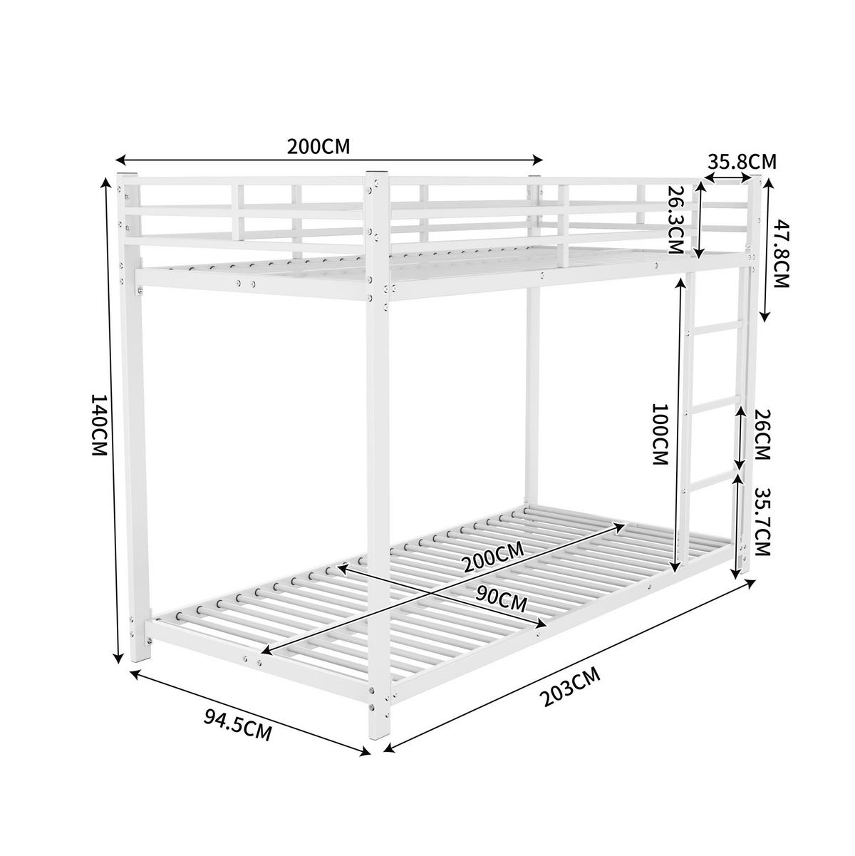 ETAGENBETT 90/200 cm Weiß aus Metall für Kinder mit Sicherheitsleisten - Weiß, Metall (90/200cm) - Flora Grace