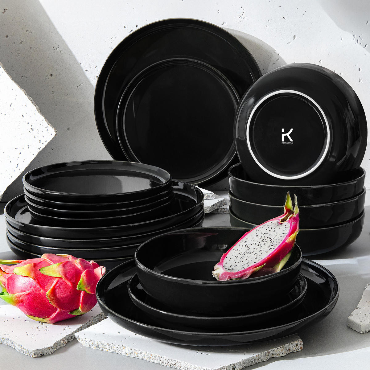 TAFELSERVICE VICTO 6 Personen 18-tlg - Schwarz Hochglanz, Keramik (27/2/27cm) - KONSIMO®