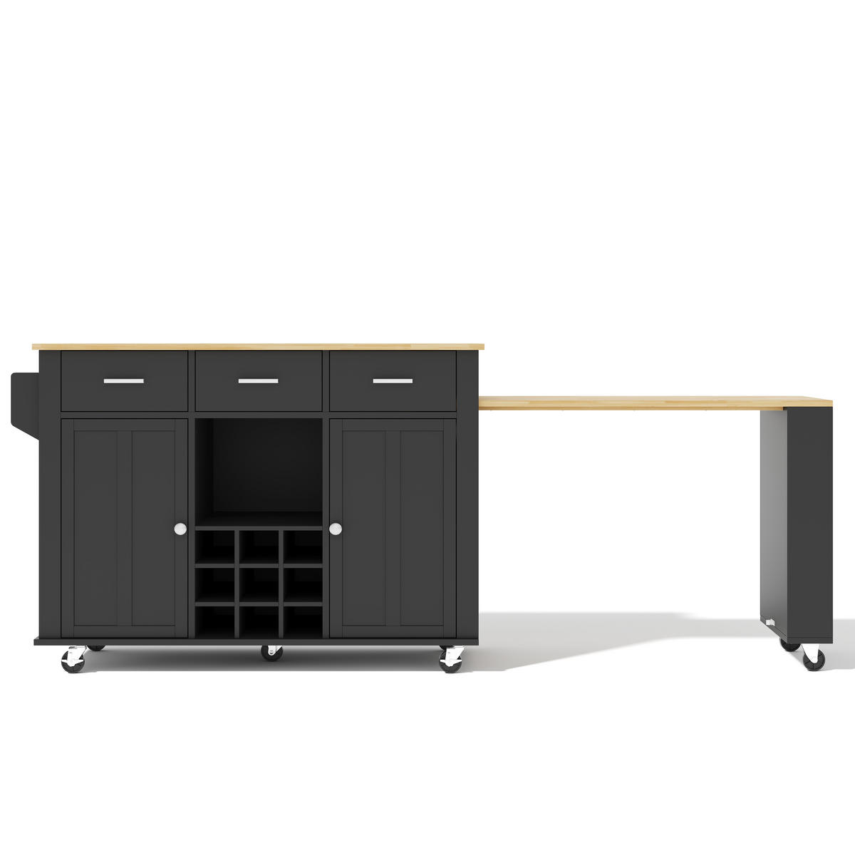 KÜCHENINSEL 93 cm MDF Schwarz Natur mit Ausziehbarer Arbeitsplatte und Weinregal - Schwarz, Holzwerkstoff (50/93/136cm) - Korfee