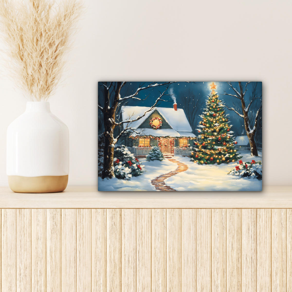 LEINWANDBILD Weihnachten - Weihnachtsbaum - Winter - Zuhause - Schnee Deko Schlafzimmer 30x20 cm - Smaragdgrün, Textil (30/20cm) - MuchoWow