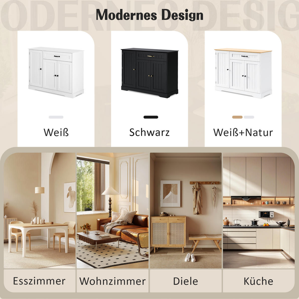 SIDEBOARD in Weiß & Natur mit 3 Türen & Schublade - Weiß Hochglanz, Holzwerkstoff (107/83/40cm) - Urban Meuble