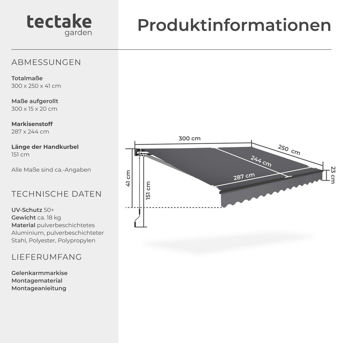 GELENKARMMARKISE Ornella,inkl. Wandhalterung,dunkelgrau - Dunkelgrau, Kunststoff (300/41/250cm) - tectake