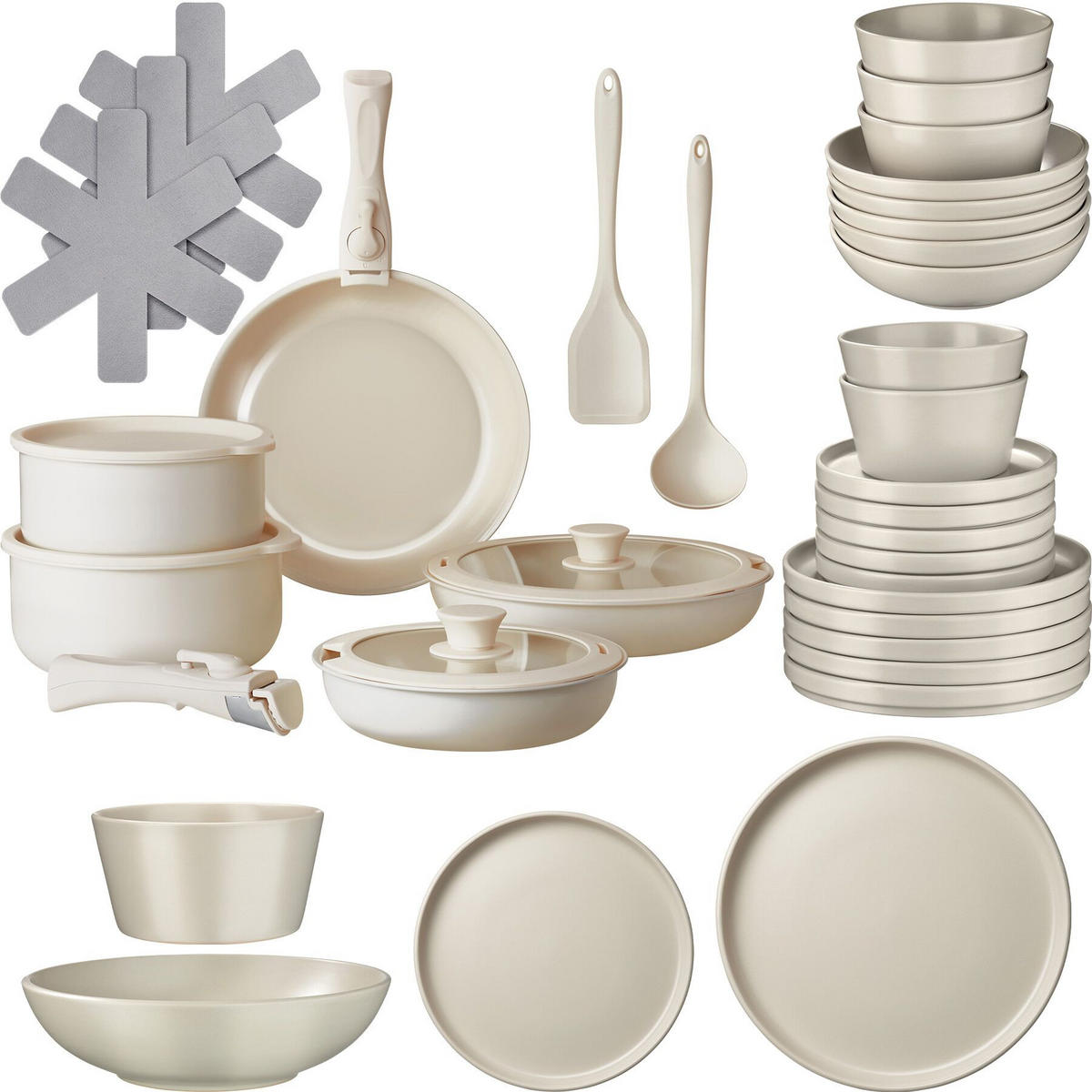 KÜCHENSTARTERSET 40er Set Una/Genua, inklusive Küchenwerkzeugen, Topfschonern und anklemmbaren Griffen, taupe/weiß - Taupe, Keramik (27.5/13/44cm) - tectake