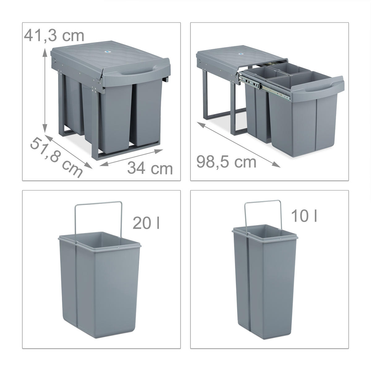 EINBAUMÜLLEIMER - Grau, Kunststoff/Metall (34/41.3/51.8cm) - Relaxdays