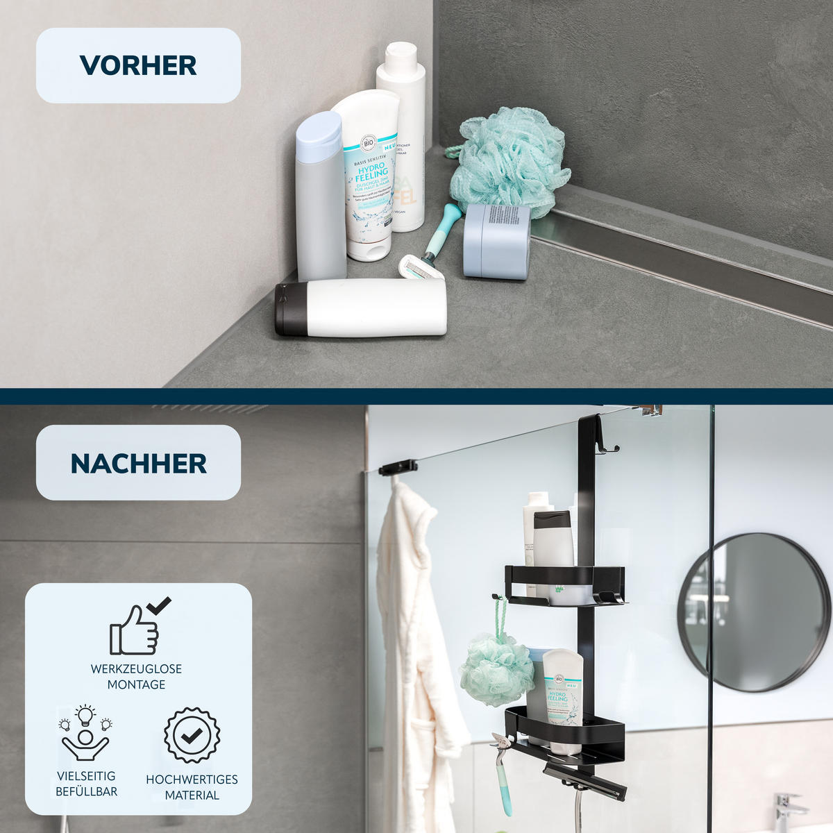 DUSCHABLAGE für Glasduschwand, Edelstahl schwarz - Schwarz, Metall (23/67.5/10.5cm) - eluno