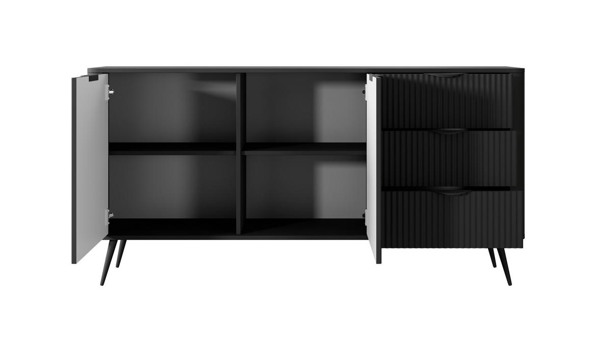 KOMMODE Lante, Schwarz, Zweifach, Drei Schubladen, Geriffelte Fronten - Schwarz, Holzwerkstoff (163/81/38cm) - Bettso