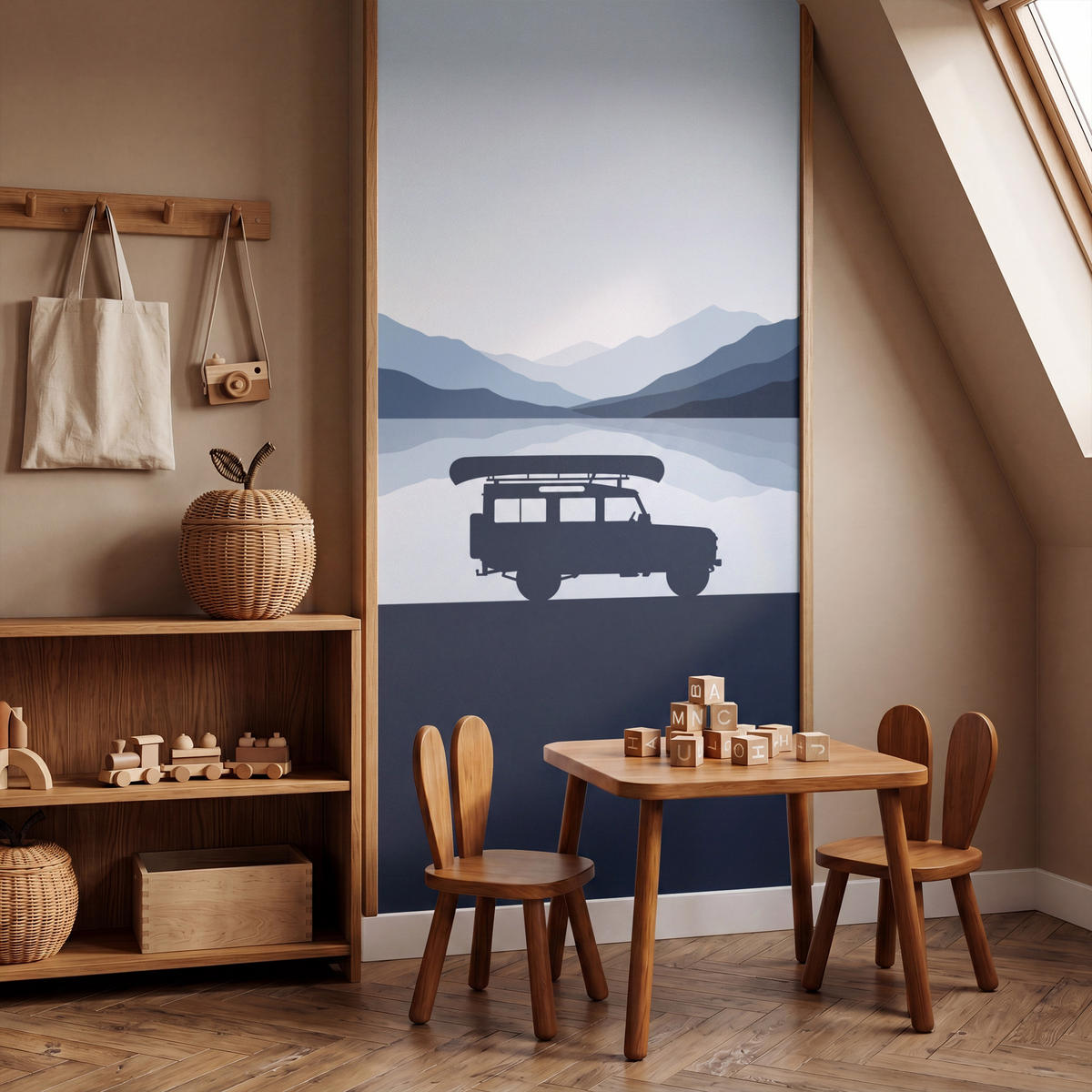 KINDERTAPETE - Auto - See - Berge - Blau - 100x200 cm - Blaugrau, Papier (100/200cm) - OnlyWow