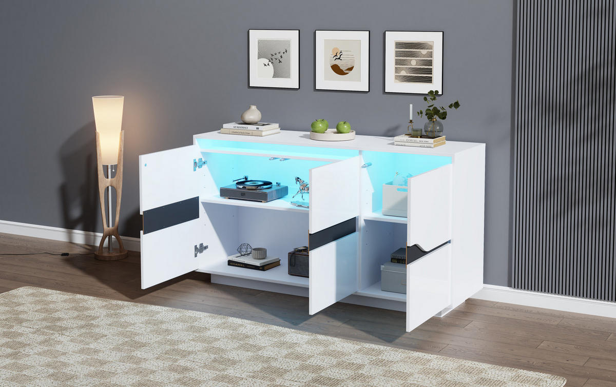 SIDEBOARD aus Spanplatte 140x40x70 cm Weiß/Schwarz mit LED-Beleuchtung, 3 Türen und verstellbaren Einlegeböden - Weiß, Holzwerkstoff (140/70/40cm) - Modfu