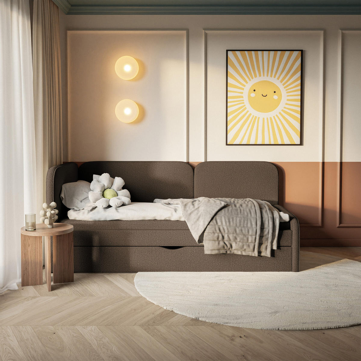 ČALOUNĚNÁ postel Cuddy, čelo vlevo, pletená látka hnědá, 90x200 cm - černá/hnědá, textil/plast (90/200cm) - Selsey