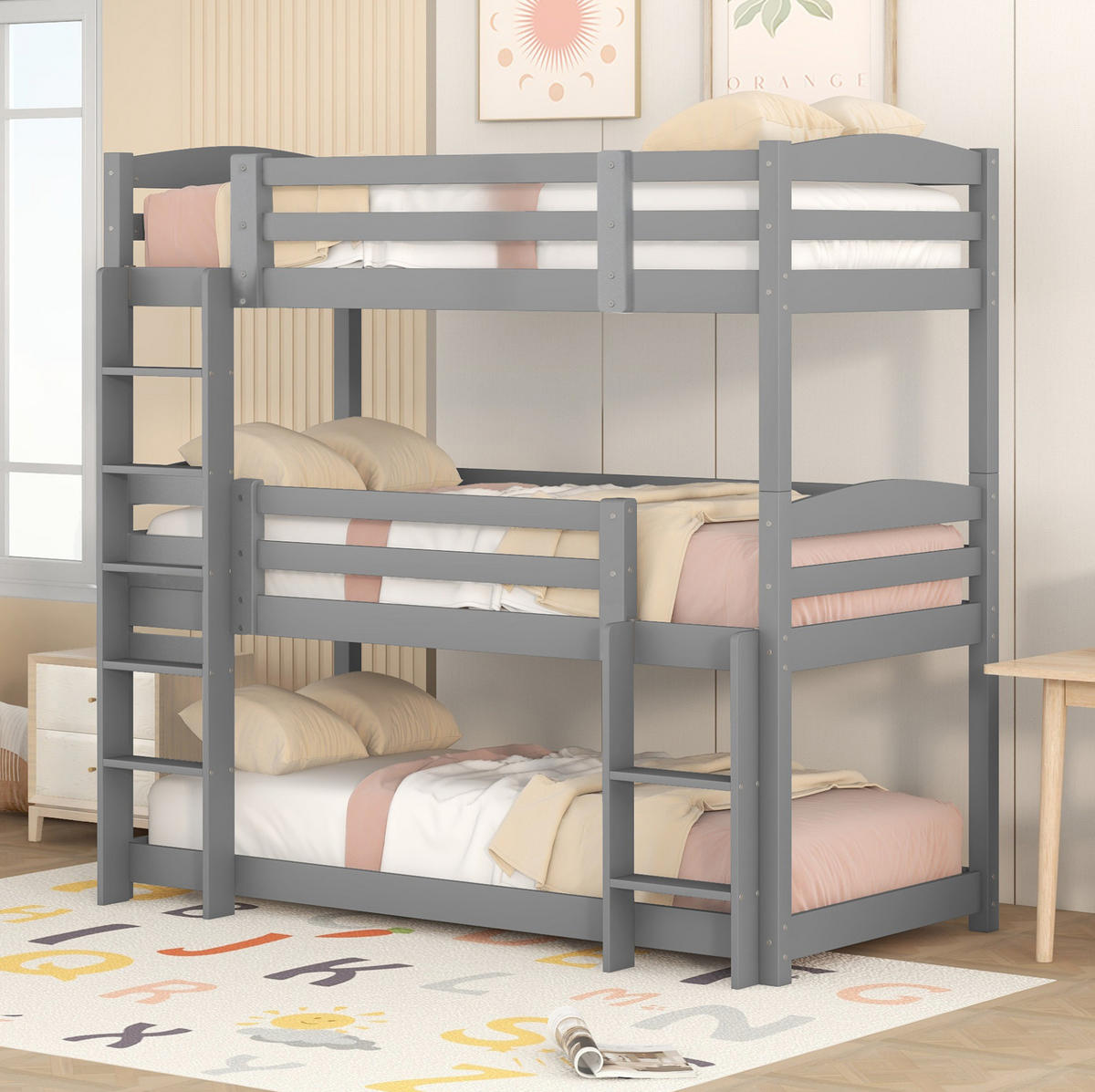ETAGENBETT für 3 Personen 90x200 cm Kiefernholz Grau - Grau, Holzwerkstoff (90/200cm) - Beauniv