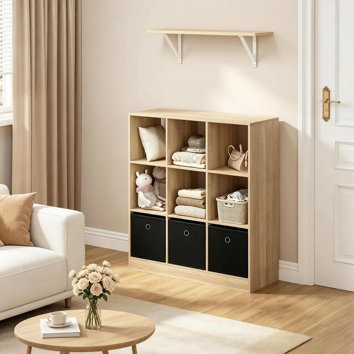 BÜCHERREGAL Schwarz/Eiche hell mit 3 Stoffschubladen 80/30/86.5 cm - Schwarz, Holzwerkstoff (80/86.5/30cm) - PANGIVO