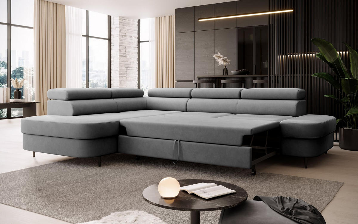 ECKSOFA Priam L-Form mit Schlaffunktion und Stauraum Modern Form Grau - Grau, Holz/Textil (275/203cm) - Muffo