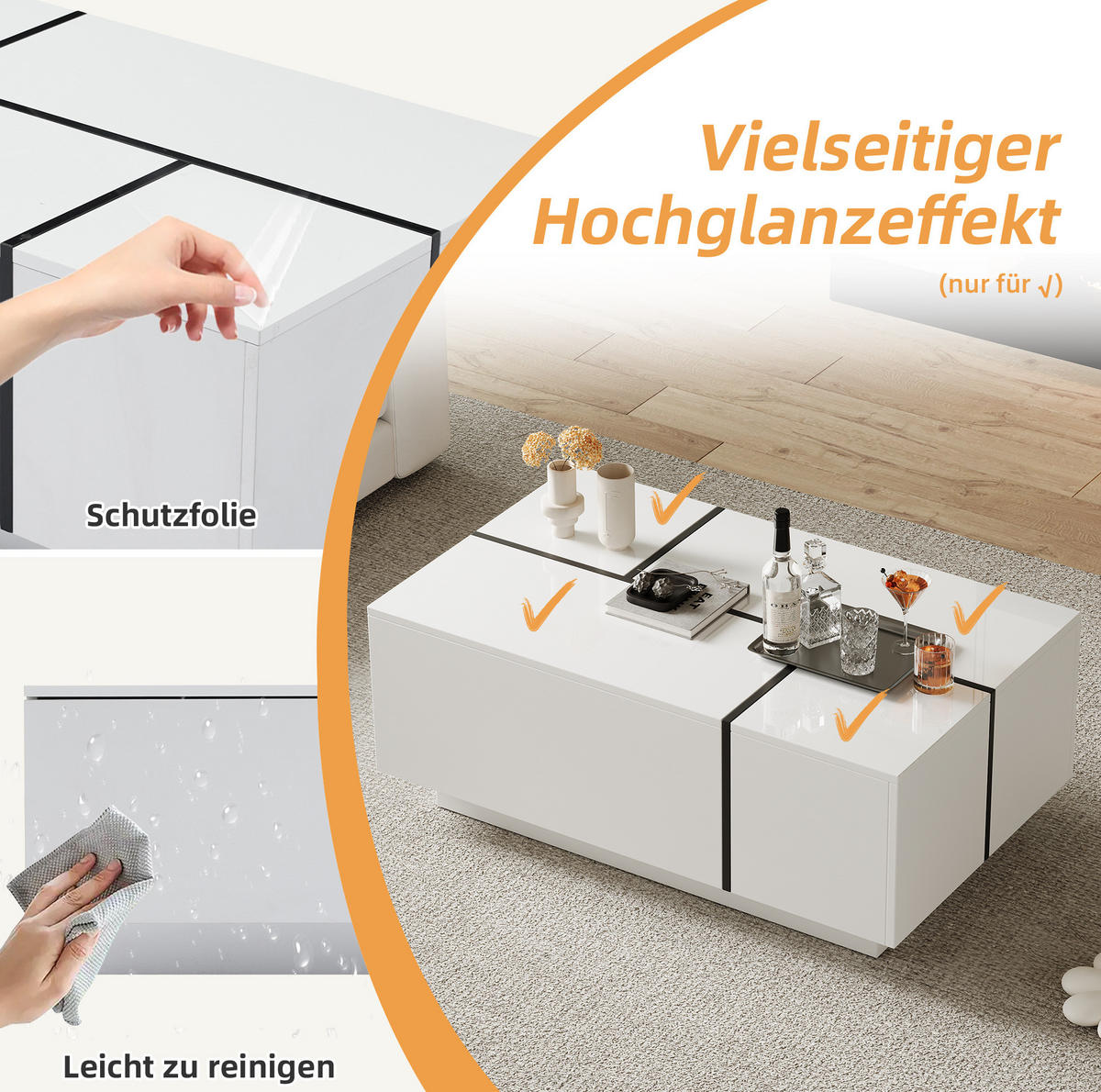 COUCHTISCH aus Spanplatte 100x60x40 cm in Weiß-Schwarz mit 4 Schubladen - Weiß, Holzwerkstoff (100/60/40cm) - Modfu