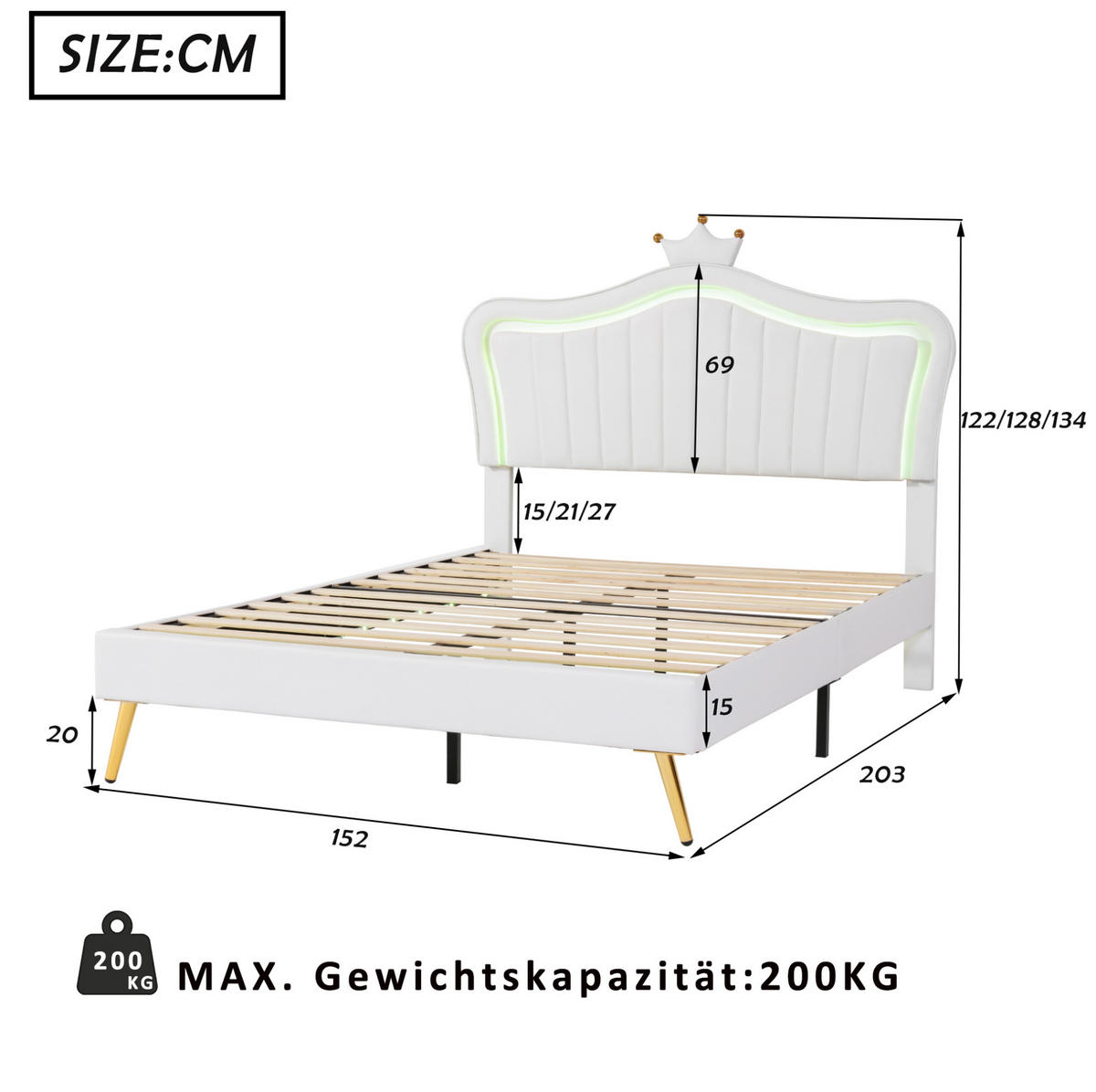 POLSTERBETT mit LED-Beleuchtung 140/200 cm aus Kunstleder mit verstellbarem Kopfteil - Weiß, Textil (140/200cm) - BEAOK