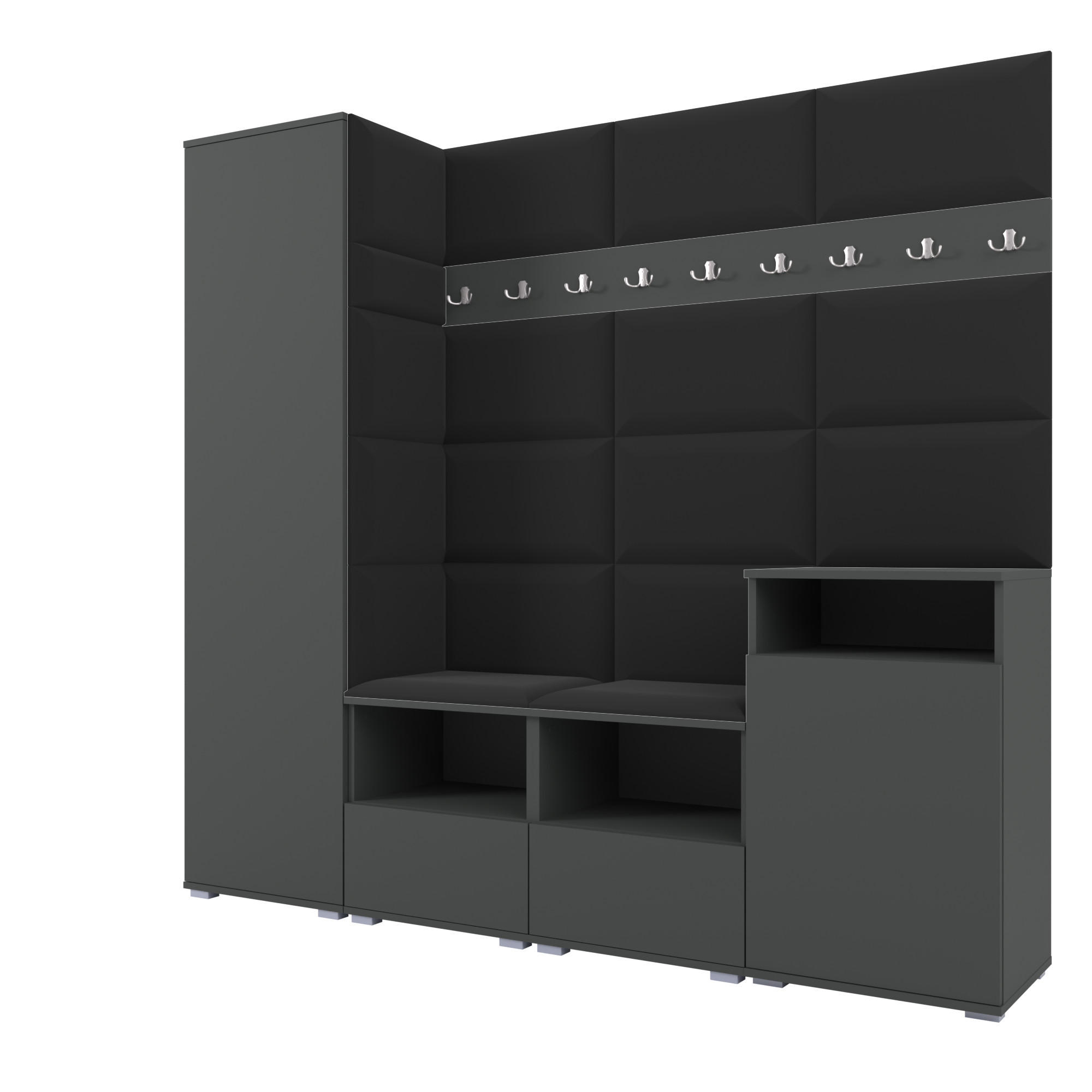 GARDEROBE NELA X 200 cm (Modulare Flurmöbel Graphit mit Sitzpolster Schwarz 16 Schrank + Sideboard) - Silberfarben/Schwarz, Holz/Holzwerkstoff (200/187/40cm) - Ravio