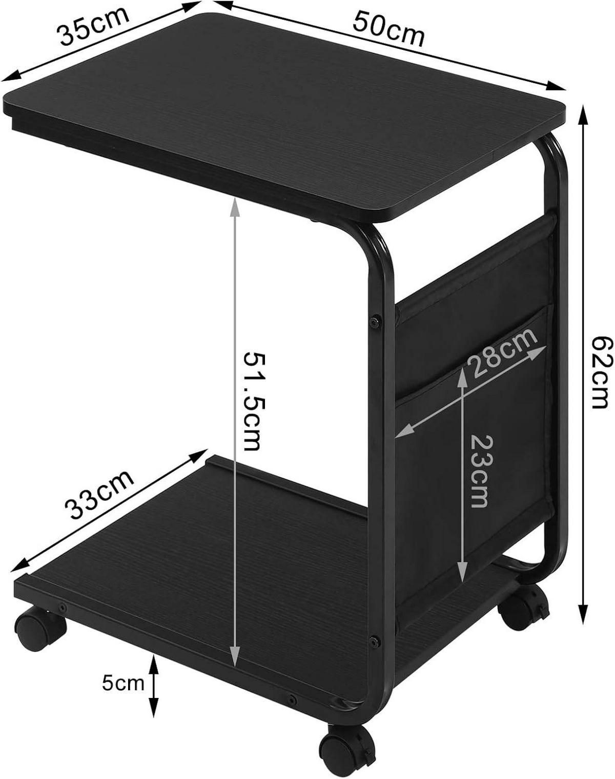 BEISTELLTISCH, Couchtisch mit 2 Ablagen 1 Seitentasche - Schwarz, Holzwerkstoff/Textil (35/50/62cm) - Woltu