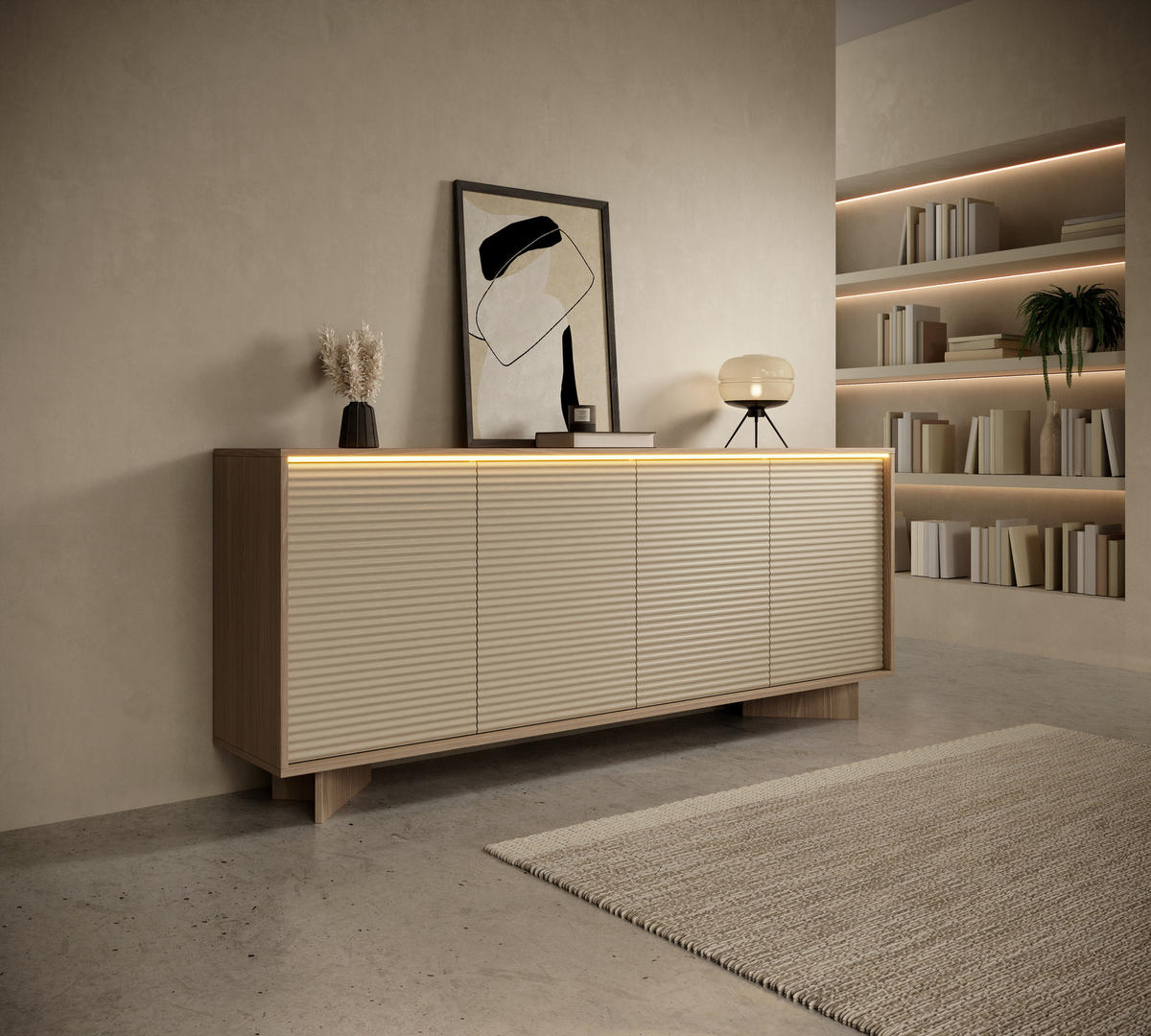 SIDEBOARD TORSANO (Bolivar Natur/Cappuccino, 4 Türen, LED-Beleuchtung, Push-to-Open) - Eichefarben/Beige, Holz/Holzwerkstoff (204/84/40cm) - Ravio