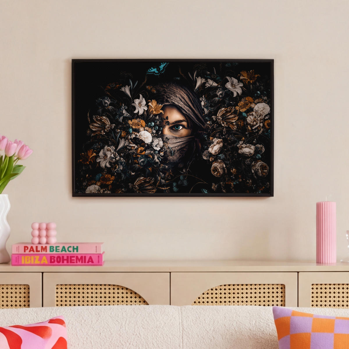 LEINWAND Bilder mit Rahmen - Frau - Luxus - Blumen - Schmetterling - Porträt - 60x40 - Schwarz, Textil (60/40cm) - MuchoWow