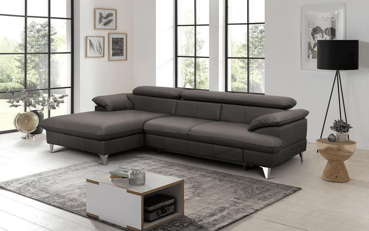 ECKSOFA mit Schlaffunktion und Bettkasten, Echtleder - Chromfarben/Dunkelbraun, Leder/Holz (254/167cm) - Cotta