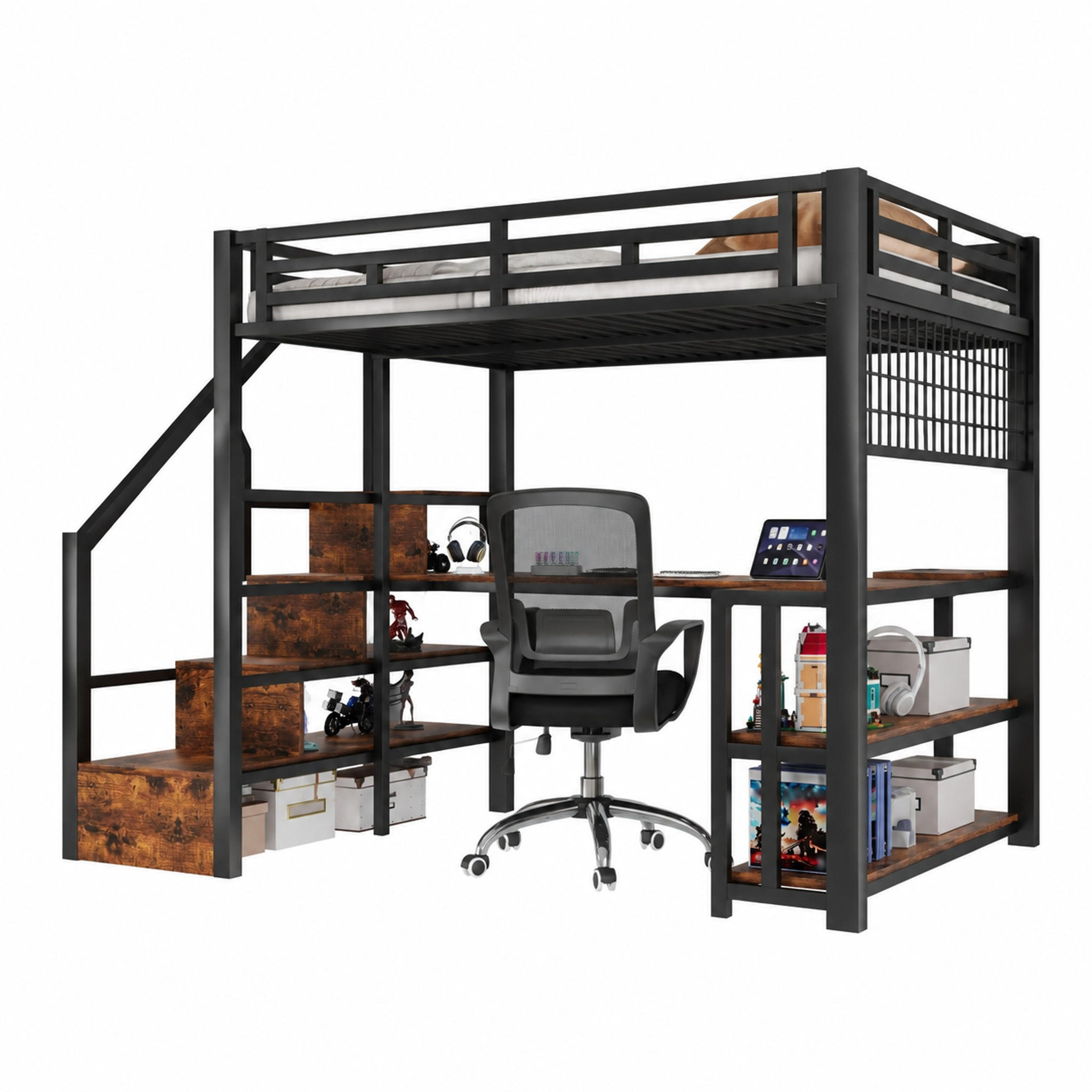 HOCHBETT mit Schreibtisch 140x200 cm Metall Schwarz - Schwarz, Metall (140/200cm) - Meubliv