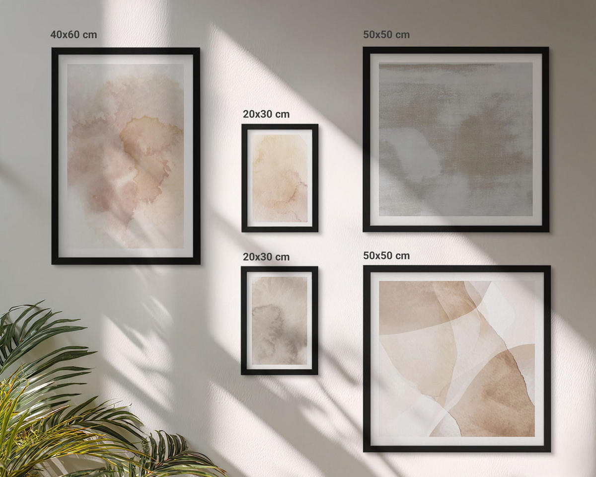 WANDBILDER 5er-Set - 50x50 cm & 20x30 cm & 40x60 cm Schwarzer Rahmen - Warme Aquarell-Pastelltexturen - Schwarz, Kunststoff (40/60cm) - ArtPrintCave
