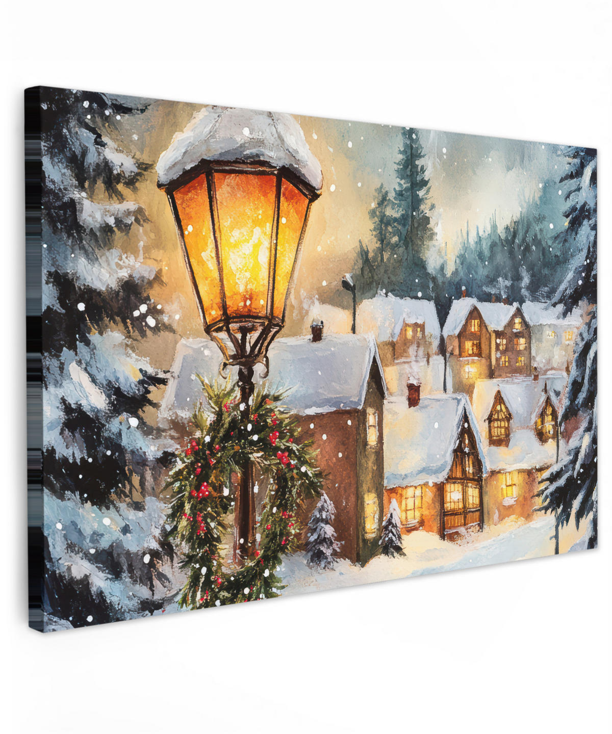 LEINWANDBILD Weihnachtsdorf - Häuser - Schnee - Weihnachten Wohnzimmer 120x80 cm - Sandfarben, Textil (120/80cm) - MuchoWow