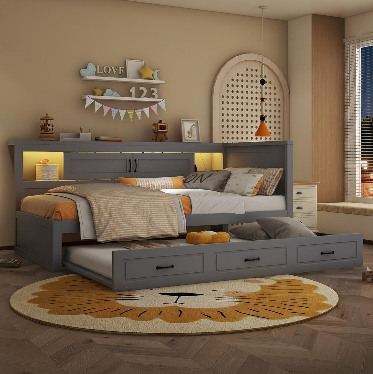 TAGESBETT 90/200 cm mit LED-Beleuchtung, Ausziehbett, USB und Stauraum aus Spanplatte und MDF, Grau - Grau, Holzwerkstoff (90/200cm) - Redom