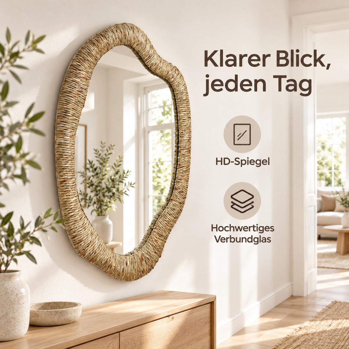 SEEGRAS-WANDSPIEGEL 75×50 cm, organische Form für Wohnzimmer,Flur - Dunkelgelb, Naturmaterialien (3.5/75/50cm) - Hometopia
