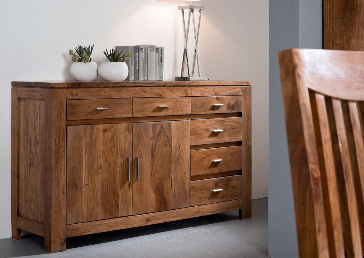 SIDEBOARD Akazie 150x45x90 hellbraun lackiert SHAMAN #40 - Braun, Holz (150/90/45cm) - Massivmoebel24