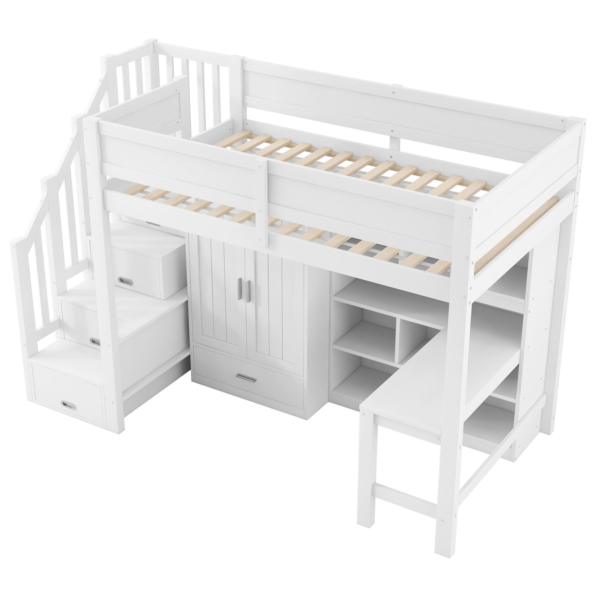 HOCHBETT 90/200 cm DE-03369, mit Schreibtisch, Kleiderschrank, Stauraumtreppe und LED, in Weiß - Weiß, Holzwerkstoff (90/200cm) - ComfortXL