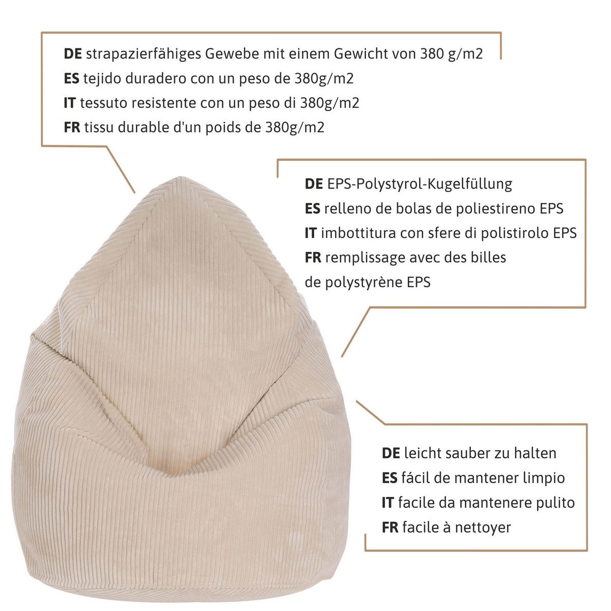 SITZSACK MIT FUßSTÜTZE Kordsamt 2-tlg Vanilla Ice S - Beige, Textil (70/105/70cm) - Dreamroots
