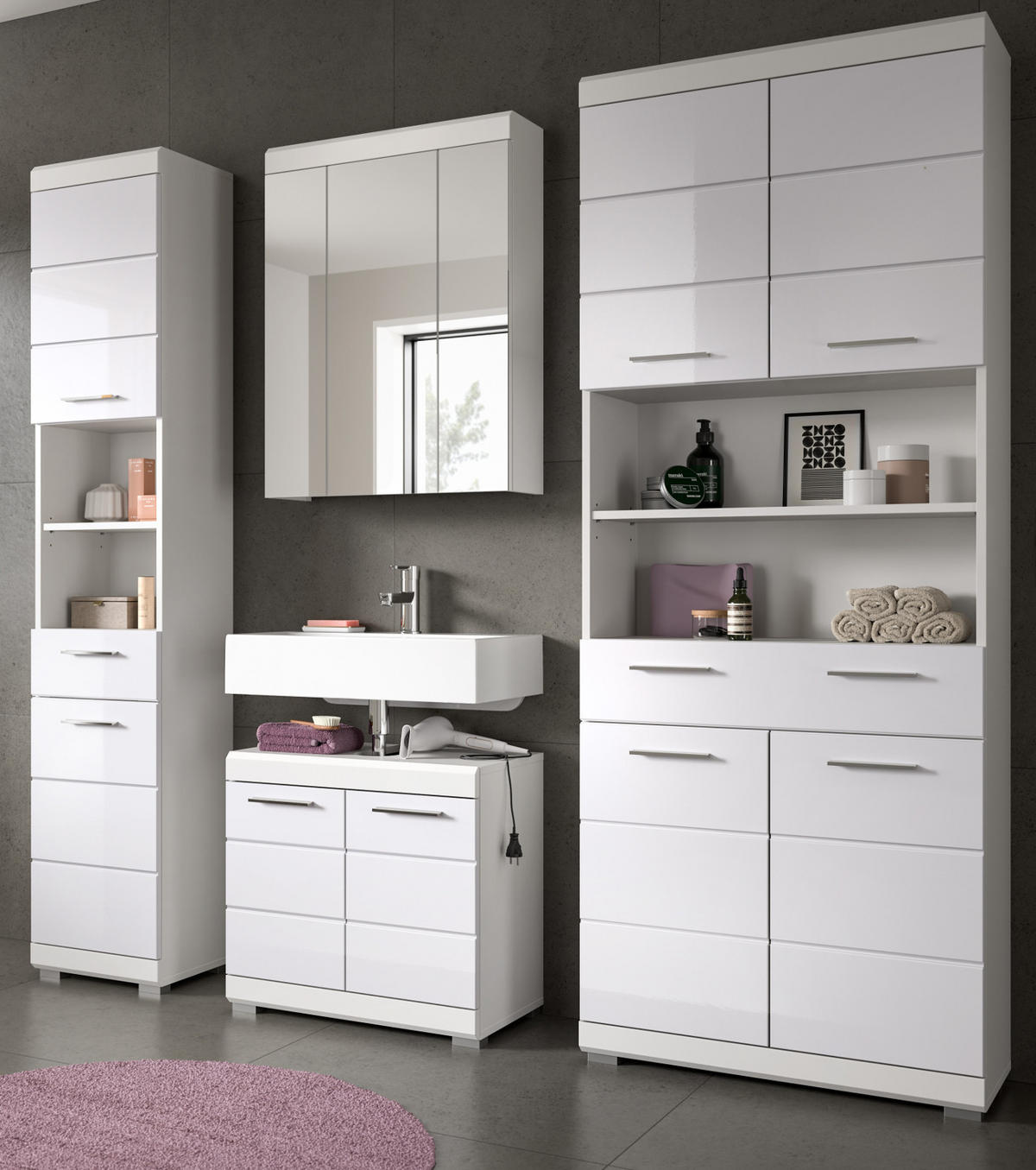 BADMÖBEL-SET weiß Hochglanz 4-teilig 200 cm, Komplettset mit viel Stauraum - Weiß Hochglanz, Glas/Holzwerkstoff (200/191/34cm) - Inn.Furn