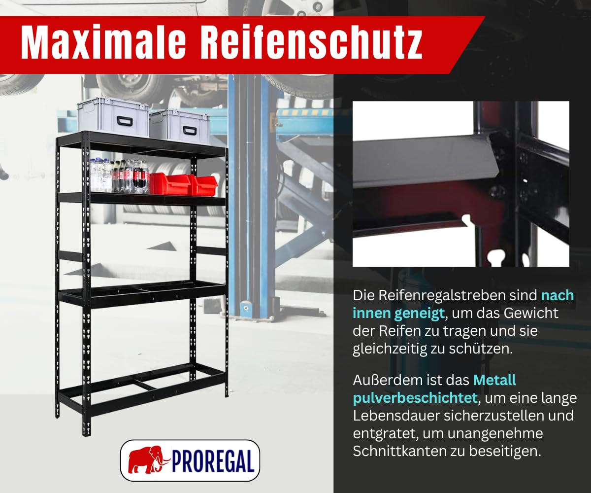 REIFENREGAL Tiger 180x120x40 cm bis zu 12 Reifen auf 2 Ebenen + 2 Ablagen Schwarz - Schwarz, Metall (120/180/40cm) - PROREGAL