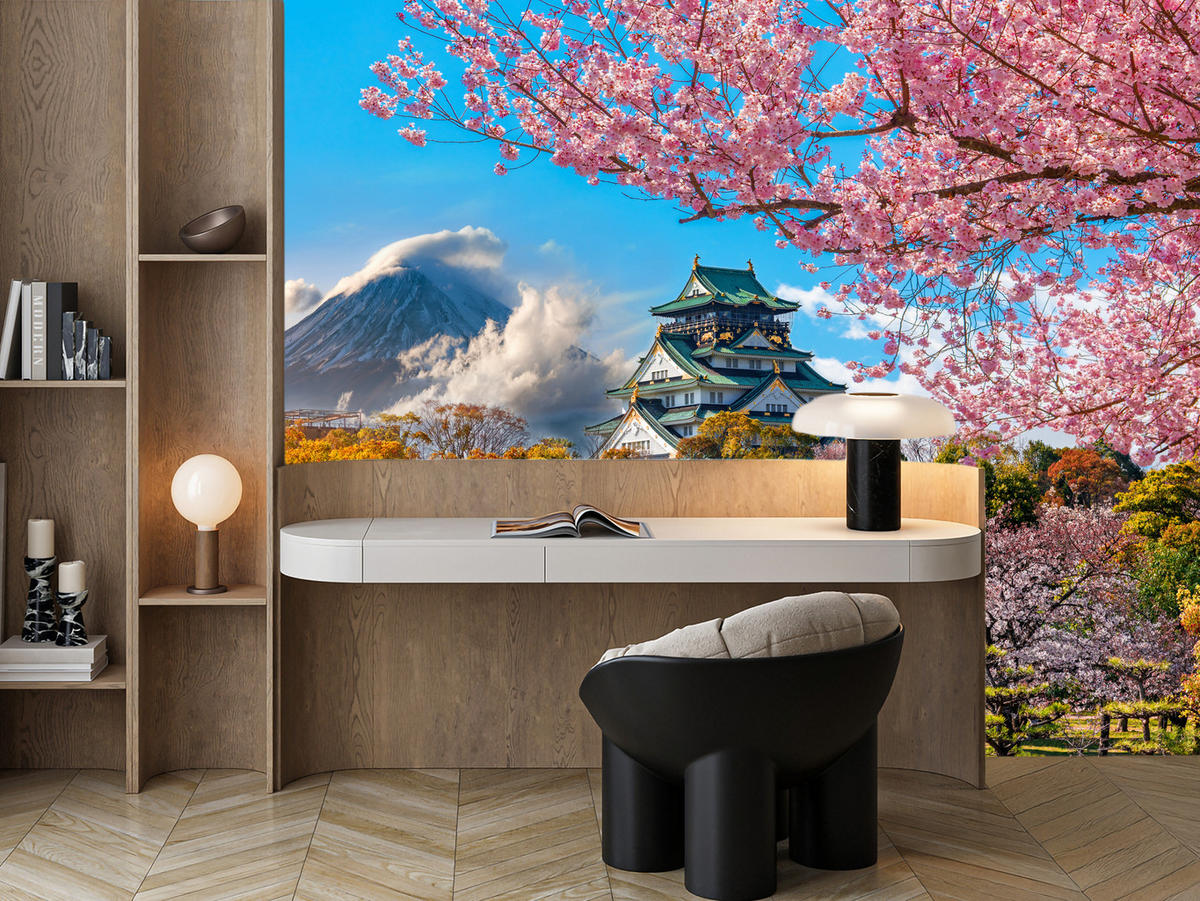 FOTOTAPETE für Wohnzimmer Kirschblüten Osaka Burg Japan Berge Bäume 200x140 - Gelb/Rosa, Papier (200/140cm) - Muralo