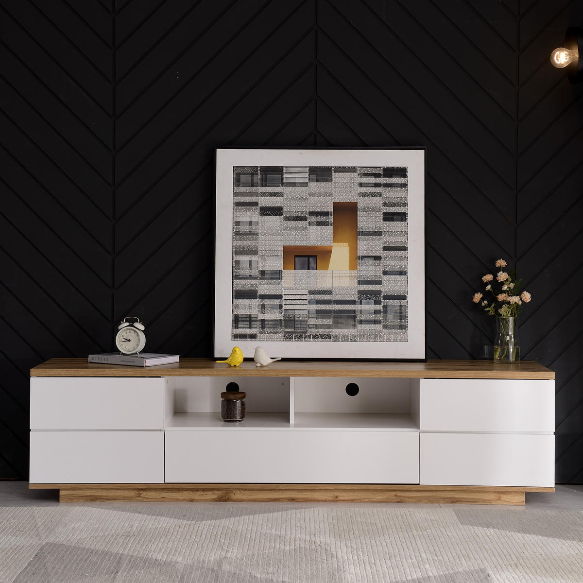 TV Lowboard 180x38x46 cm, Holzmaserung, Weiß - Weiß, Holz (180/46/38cm)