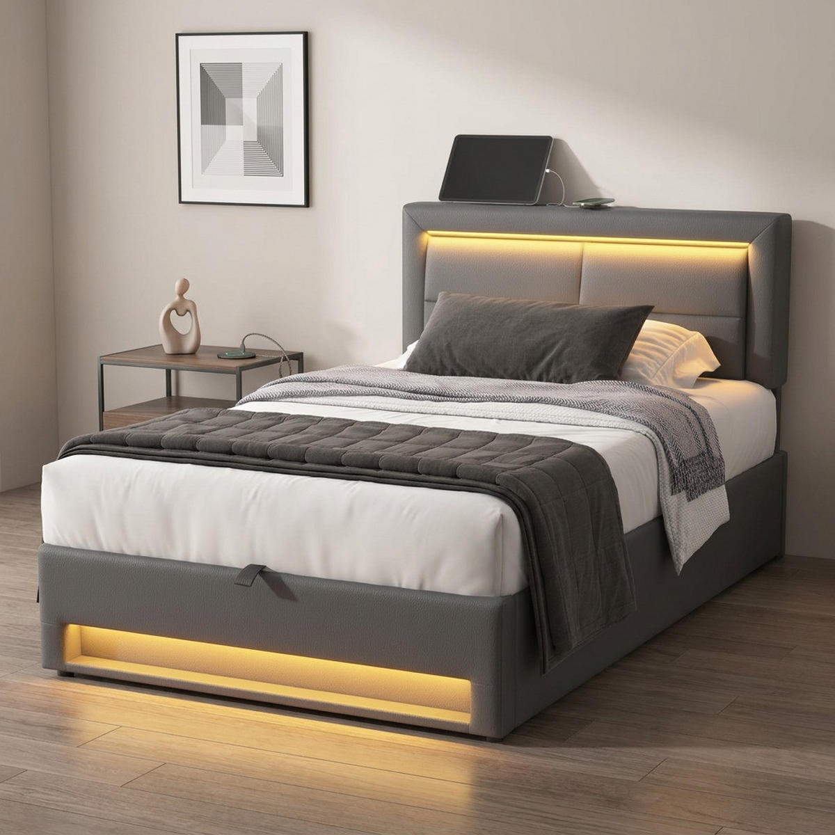 POLSTERBETT 90/200 mit Bettkasten, LED-Beleuchtung und USB in Grau - Grau, Holzwerkstoff/Textil (90/200cm) - EVRYAE