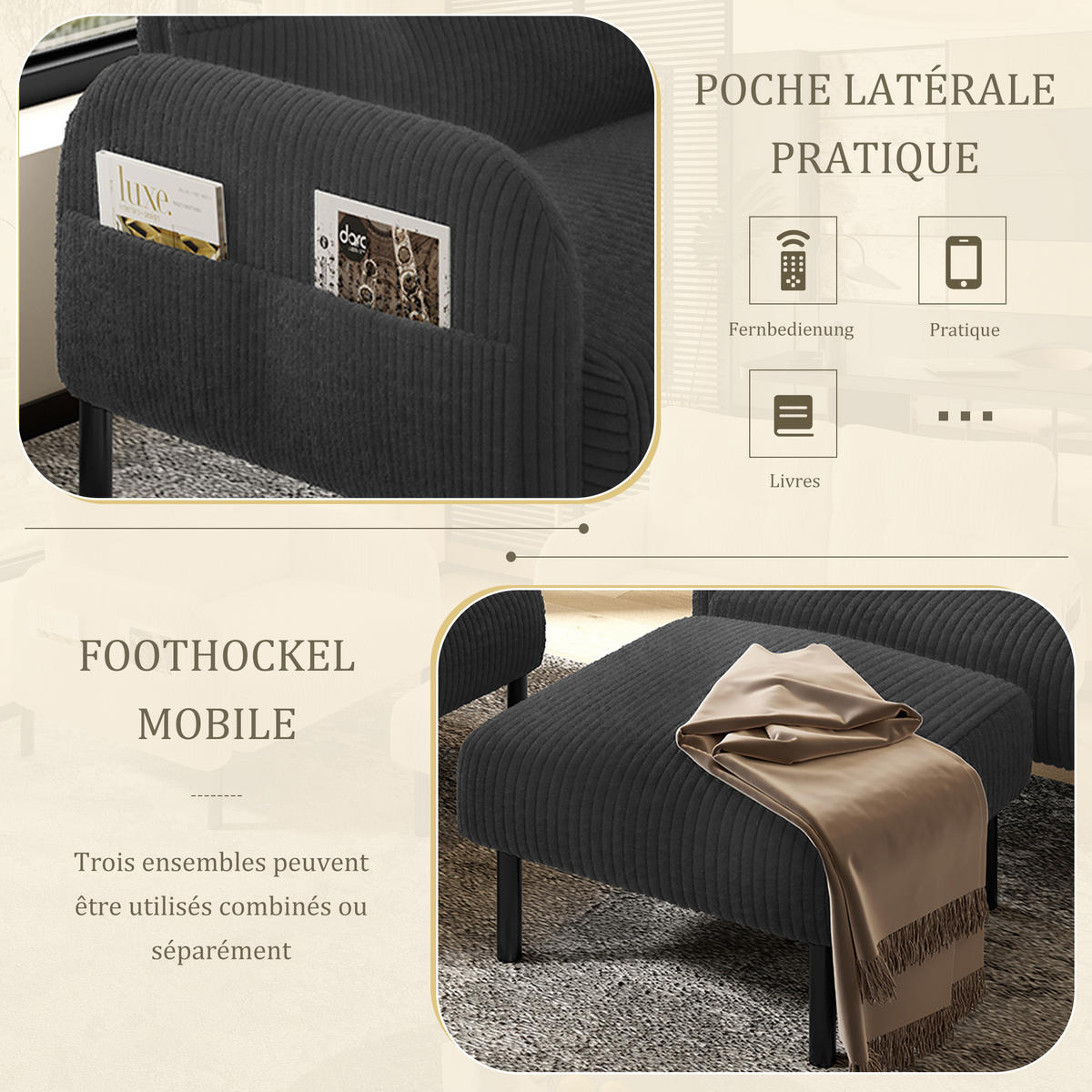 SOFA-SET 3er-Set Cord Grau mit Sessel, Hocker und 2-Sitzer - Grau, Textil (120/79/75cm) - IVMEU