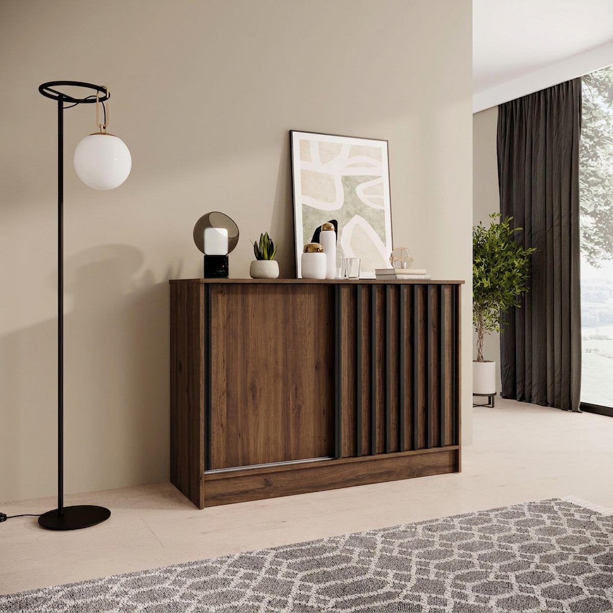 KOMMODE Horizon mit 2 Schiebetüren, 120 cm, Walnuss+Schwarz - Walnussfarben/Schwarz, Holzwerkstoff (121/85/43.5cm) - Beautysofa