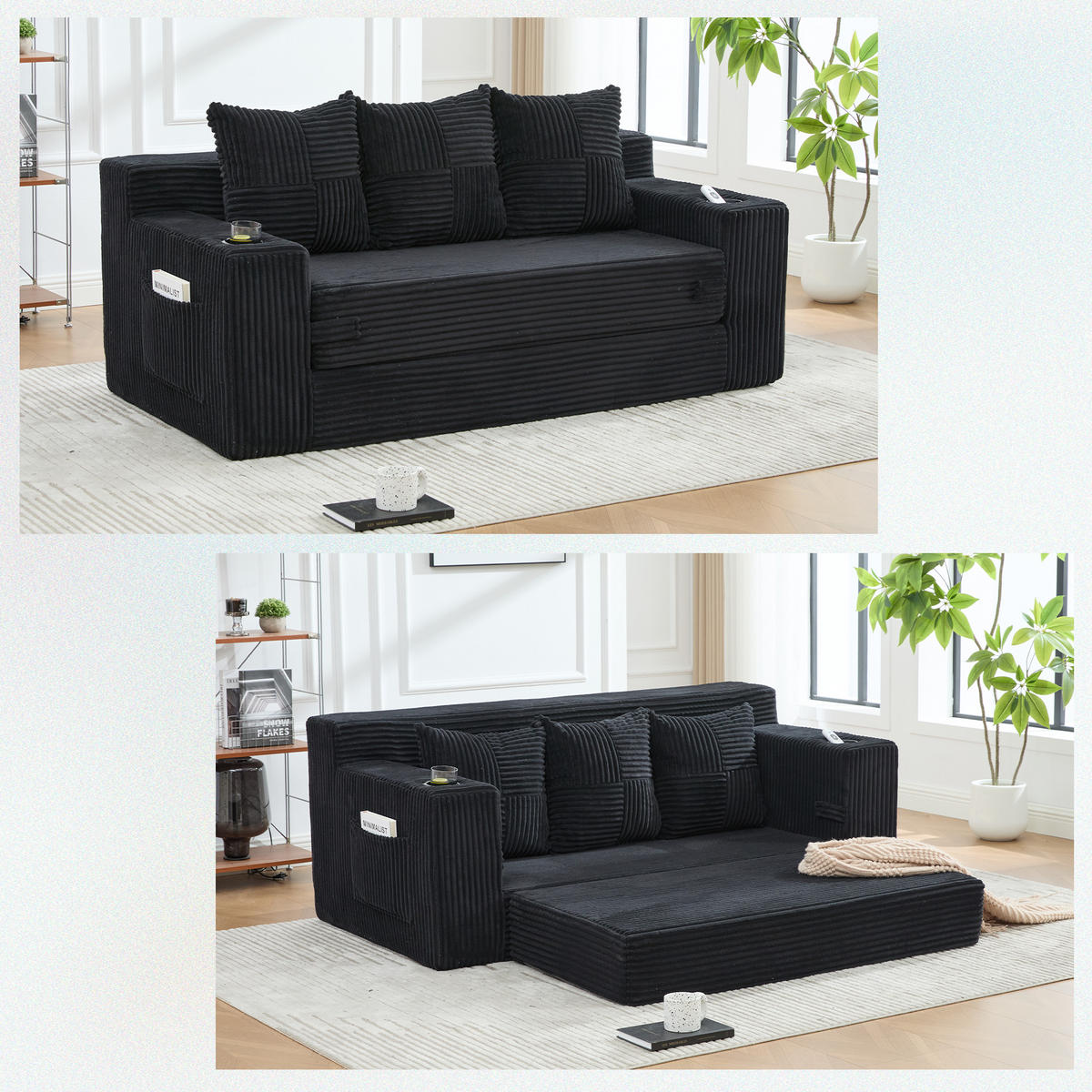 2-SITZER Bodensofa ausklappbar, Getränkehalter/Seitentaschen, Cord, Schwarz - Schwarz, Textil (172/64/87cm) - LVHOM