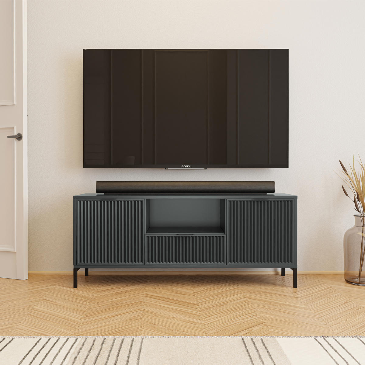 TV skrinka s 1 zásuvkou a 2 dvierkami, béžová - čierna/zelená, kov/kompozitné drevo (135/56.1/40.6cm) - Idohome
