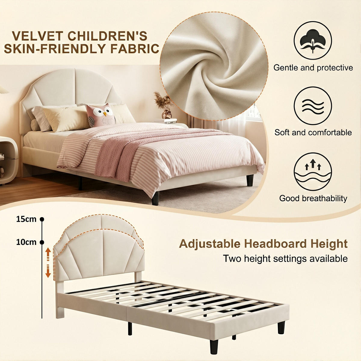 POLSTERBETT Klassisch mit Höhenverstellbarem Kopfteil 90/200 cm Samt Beige - Beige, Textil (90/200cm) - Creahappy