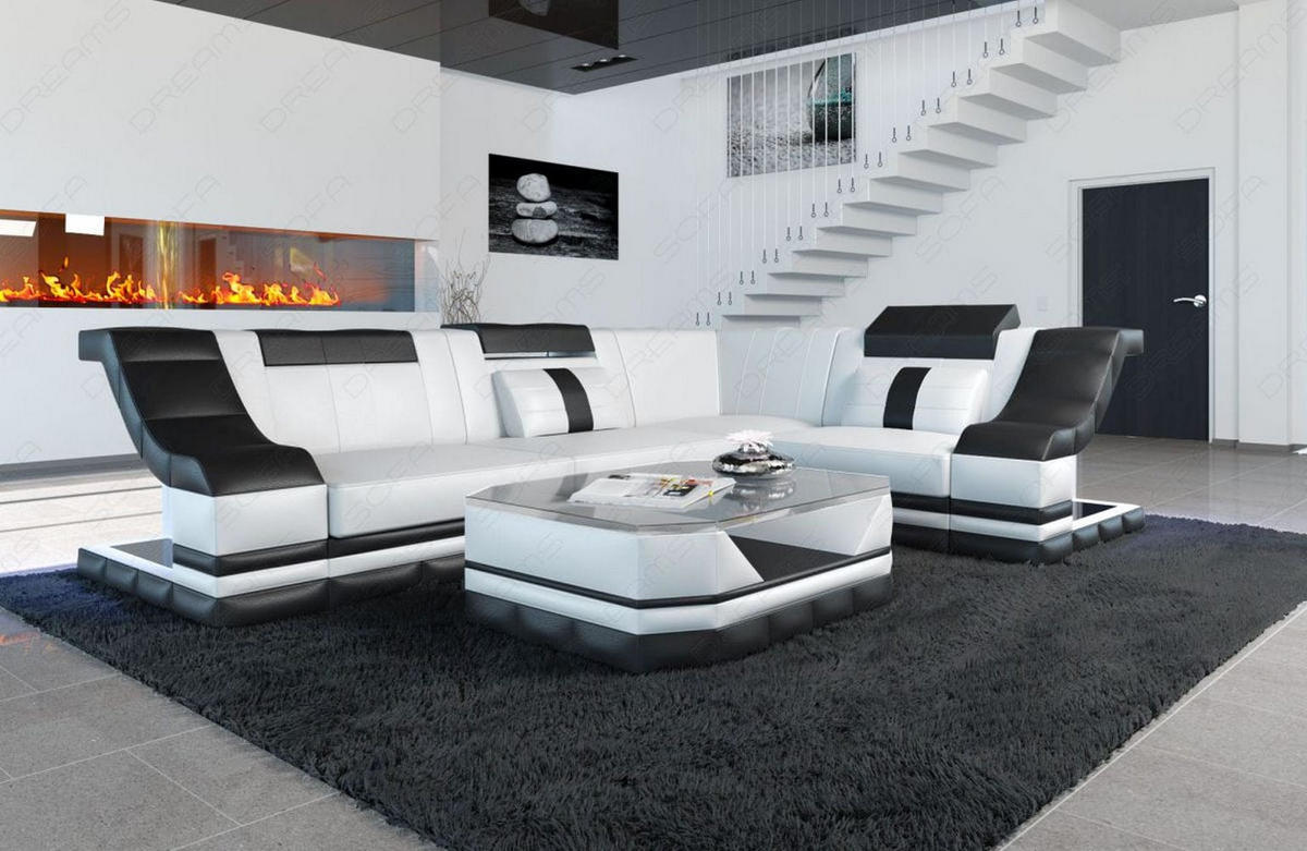 COUCH Bianchi Weiß Schwarz Echtleder - Weiß, Leder (271/196cm)