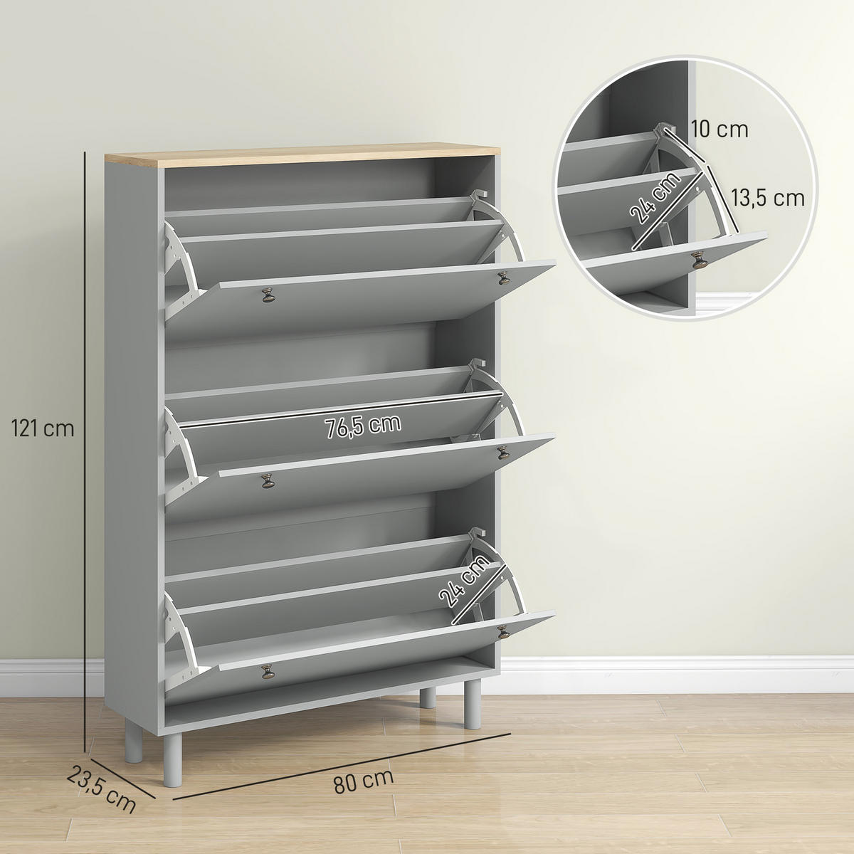 SCHUHSCHRANK für 24 Paar Schuhe mit 3 Klappschubladen und verstellbaren Einlegeböden, 80 x 23,5 x 121 cm, grau - Grau, Holzwerkstoff (80/121/23.5cm) - HOMCOM