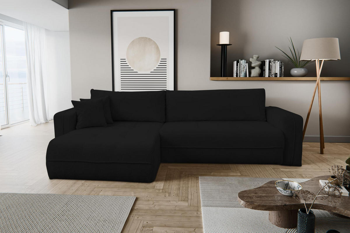 ECKSOFA CLOUD mit Schlaffunktion und Bettkasten Boucle Cloud (Schwarz) - Schwarz, Textil (276/145cm) - VENASI MÖBEL