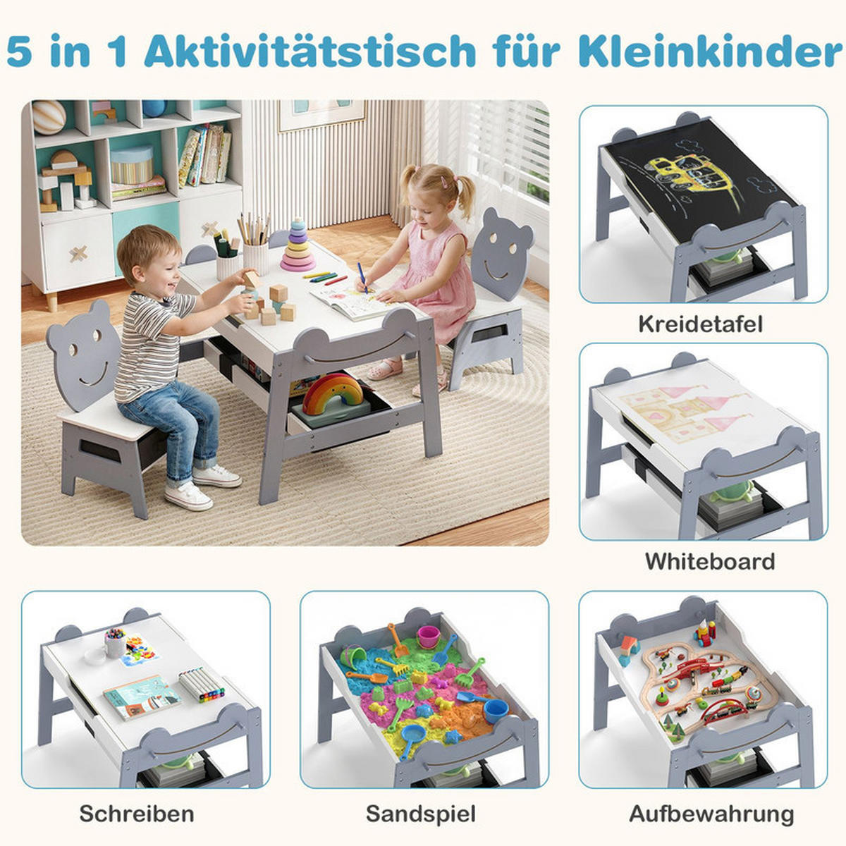 KINDERTISCH mit stuhl grau(3-tlg) - Grau, Holzwerkstoff (70/50/60.5cm) - COSTWAY